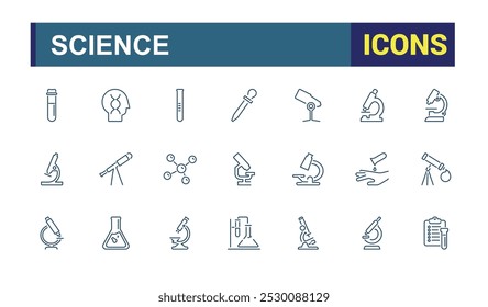 Conjunto de ícones de experimentos científicos. Ciência e coleção de ícones relacionados à ciência, como Química, Química, Microscópio, Experimentação, Tubo de amostra.