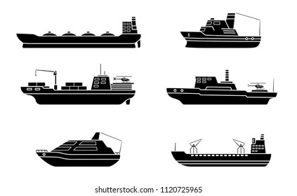 Set Of Scientific Exploration Ships. Sea Research Transportation Vehicle. Ocean Ship. Vector Illustration.