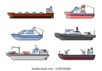 Set of scientific exploration ships. Sea research transportation vehicle. Ocean ship. Vector illustration.