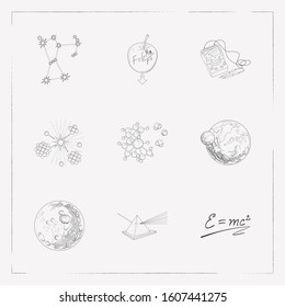 Set of scientific icons line style symbols with planet with crater, dispersion, nuclear physics and other icons for your web mobile app logo design.