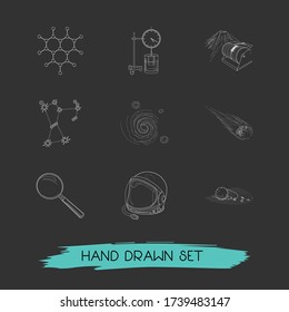 Set of scientific icons line style symbols with constellation, physical research, magnifying glass and other icons for your web mobile app logo design.