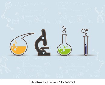 Set of scientific laboratory equipment symbols on blue background