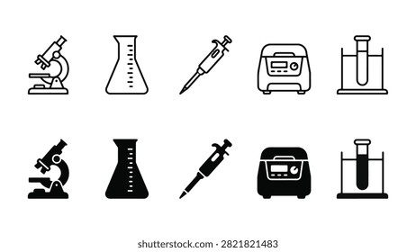 Set of scientific laboratory icons featuring microscope, beaker, pipette, centrifuge, and test tube vector elements