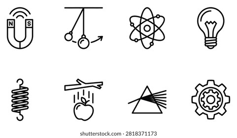 Set of scientific and physical phenomena line icons with lightbulb mechanics experiment education research scientific discovery technology