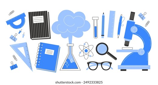 Conjunto de Elementos de investigación científica con microscopio, tubo de ensayo y átomo