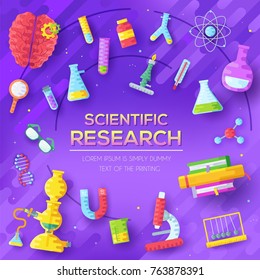 Set of scientific research elements on purple abstract background.