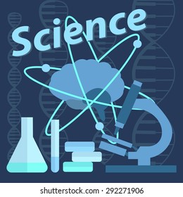 Set of scientific subjects for microbiology and neurobiology, microscope, brain in atom, into flat style. Vector illustration