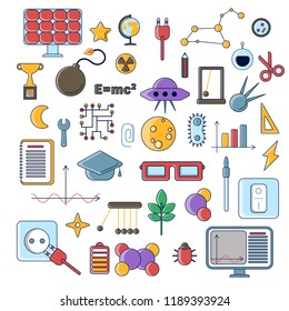 Set of scientific vector flat icons, education signs and symbols in colored modern science design with elements for mobile concepts and web apps. Collection of cute educational and science icons