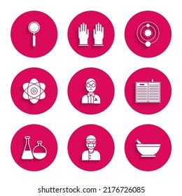 Set Scientist, Assistant, Mortar and pestle, Open science book, Test tube flask chemical laboratory, Atom, Solar system and Magnifying glass icon. Vector
