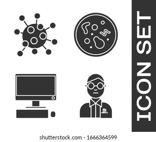 Set Scientist, Bacteria, Computer monitor with keyboard and mouse and Bacteria icon. Vector
