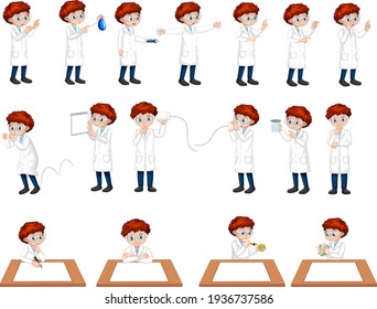 Set eines Wissenschaftlerjungen in verschiedenen Posen-Cartoon-ZeichentIllustration