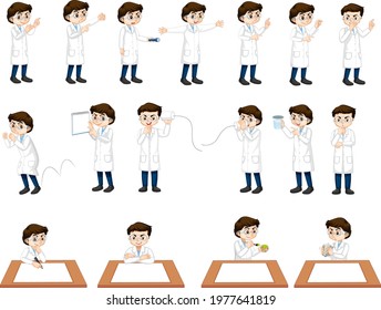Set of a scientist boy in different poses cartoon character illustration