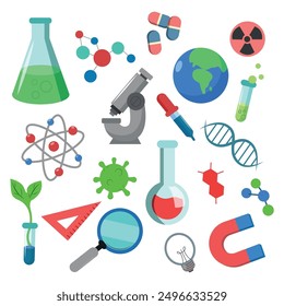 Set of scientist elements in cartoon style. Vector illustration of educational objects: flasks with liquids, microscope, molecules, DNA, planet Earth, magnet, eraser, magnifying glass, light bulb.