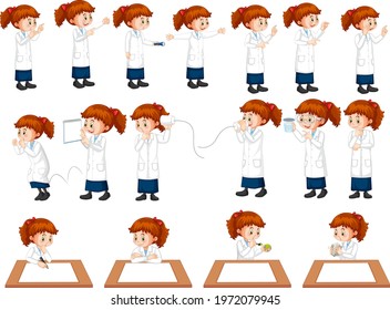 Set of a scientist girl doing different experiment illustration