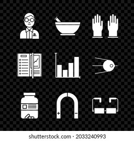 Set Scientist, Mortar and pestle, Rubber gloves, Medicine bottle pills, Magnet, Glasses, Notebook and Pie chart infographic icon. Vector