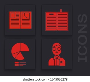 Set Scientist, Open book, Open science book and Pie chart infographic icon. Vector