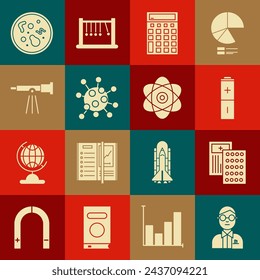 Set Scientist, Pillen in der Blisterpackung, Batterie, Taschenrechner, Bakterien, Teleskop und Atom-Symbol. Vektor
