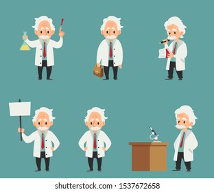 Set of scientist or professor at laboratory work getting idea and testing new equipment or device cartoon characters flat vector illustration isolated on background.
