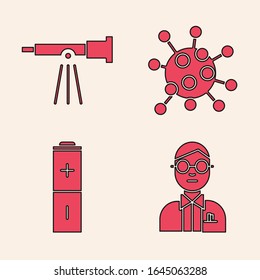 Colocar el icono Científico, Telescopio, Bacterias y Batería. Vector