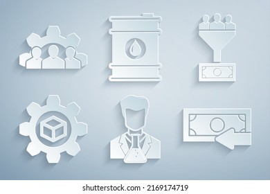 Set Scientist And Test Tube, Lead Management, Product Development, Cash Back, Barrel Oil And Project Team Base Icon. Vector