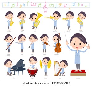 A set of scientist women on classical music performances.There are actions to play various instruments such as string instruments and wind instruments.It's vector art so it's easy to edit.