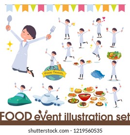 A set of scientist women on food events.There are actions that have a fork and a spoon and are having fun.It's vector art so it's easy to edit.