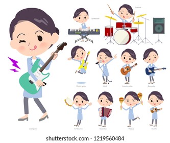 A set of scientist women playing rock 'n' roll and pop music.There are also various instruments such as ukulele and tambourine.It's vector art so it's easy to edit.