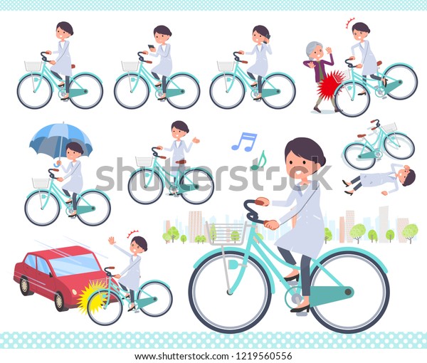 A set of scientist women riding a city cycle.There\
are actions on manners and troubles.It\'s vector art so it\'s easy to\
edit.