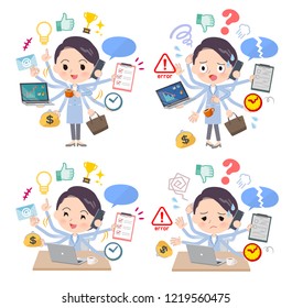 A set of scientist women who perform multitasking in the office.There are things to do smoothly and a pattern that is in a panic.It's vector art so it's easy to edit.