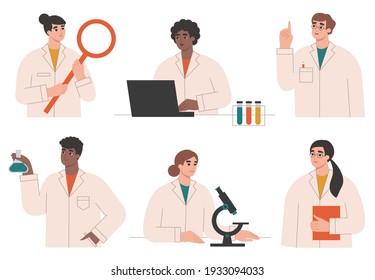 Set of scientists characters in laboratory. Collection of people working in science, students or medical doctors in uniforms. Research, innovation, discovery concept. Isolated flat vector illustration