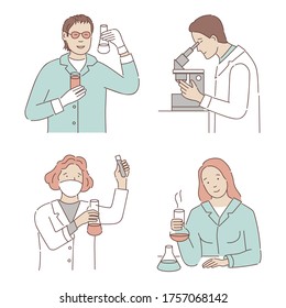 Set of scientists developing vaccine or making chemical or medicine analysis vector cartoon outline illustration. Young Chemists in laboratory suits conduct experiments, look through a microscope.