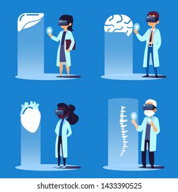 Set of scientists or doctors cartoon characters using virtual reality technology to create human organ implants, flat vector illustration isolated on the blue background.