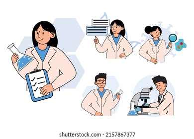 Set of scientists during lab scientific researches. Chemists discovering antiviral remedies in chemical and medical laboratories. Doctors studying samples. Flat vector illustration isolated on white.