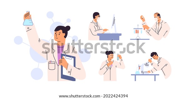 Set of scientists during lab scientific\
researches. Chemists discovering antiviral remedies in chemical and\
medical laboratories. Doctors studying samples. Flat vector\
illustration isolated on\
white