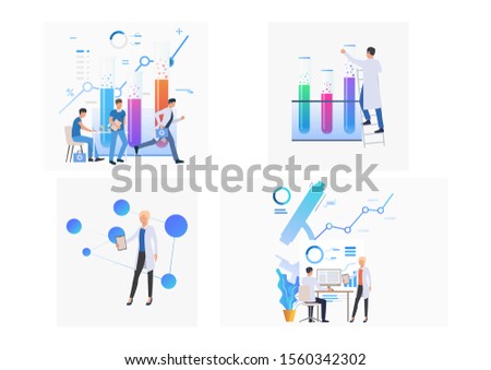 Set of scientists holding medical studies. Flat vector illustrations of scientists examining analysis. Science concept for banner, website design or landing web page