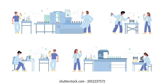 Set of scientists, lab assistants producing coronavirus vaccine in flat vector illustration isolated. Scientific research, modern development of drug for Covid-19 in biotechnological laboratory
