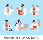 Set of scientists in lab performing various experiments.  Professional lab research, chemistry doctor workers and science researchers. Flat vector illustration