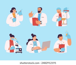 Set of scientists in lab performing various experiments.  Professional lab research, chemistry doctor workers and science researchers. Flat vector illustration