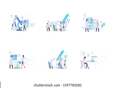 Set of scientists making biological and chemical experiments. Flat vector illustrations of technology, chemistry, laboratory, DNA. Science concept for banner, website design or landing web page