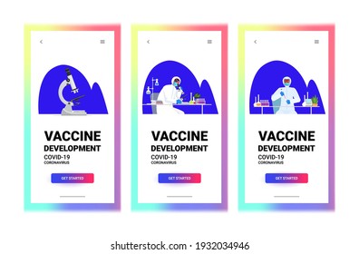 set scientists resarchers working with test tubes in lab coronavirus vaccine development fight against covid-19 concept portrait copy space horizontal vector illustration
