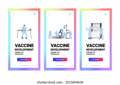 set scientists researchers working with test tubes in lab coronavirus vaccine development fight against covid-19 concept full length horizontal copy space vector illustration