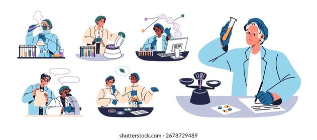 Conjunto de cientistas trabalhando em laboratório. Químicos fazem análise química, exames de sangue em laboratório. Trabalhadores da química e da ciência com copos e equipamentos. Ilustrações isoladas planas de vetor em branco