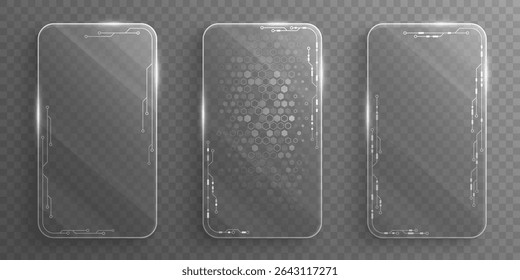 Set of sci-fi digital glass cards with shining circuit lines and hexagonal pattern for cyber ID card isolated on transparent background. Hi-tech dashboard screen for UI and GUI design. Vector