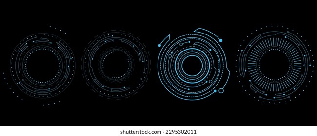 Set of sci-fi HUD rounds isolated on black background. Futuristic hi-tech elements for UI or GUI design. Vector illustration. EPS 10