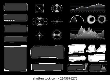 A set of sci-fi modern user interface elements such as sight, frame, button, diagrams, graphs. Futuristic abstract HUD. Dashboard display virtual reality technology screen. Vector illustration