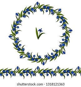 Set with scilla flowers. Round frame, endless horizontal border and spring flower element on white background. Romantic floral elements for season greeting cards, posters, advertisement