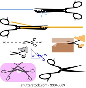 Set of scissor characters with ribbon, cut lines etc.