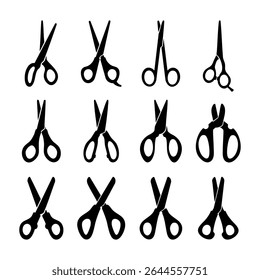 Set of scissor icon silhouette. Black and white clip art vector illustration