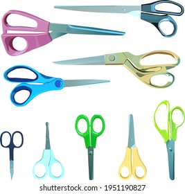 A set of scissors 9 pieces. Vector illustration of scissors for sewing, manicure, office.