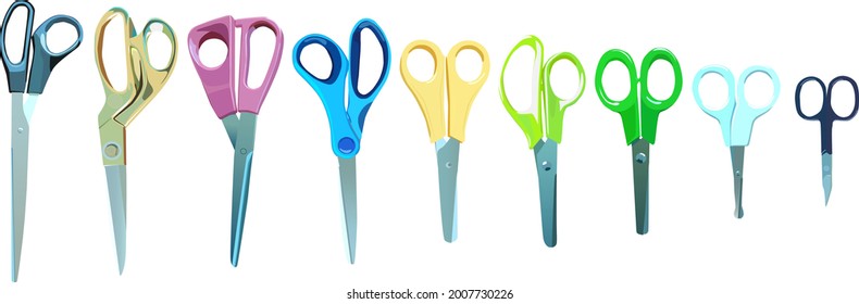 A set of scissors 9 pieces. Vector illustration of scissors for sewing, manicure, office.